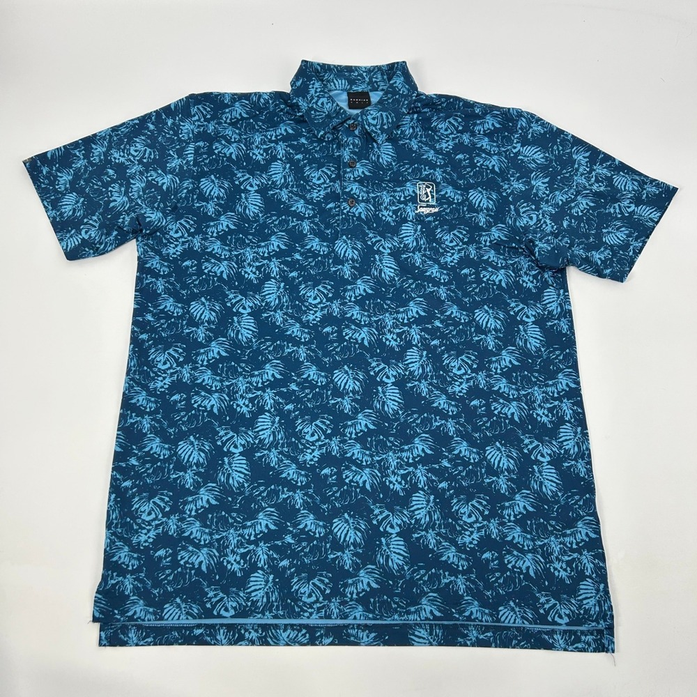 Dunning‎ Golf Shirt Mens Large Blue Tropical Leaf Print Polo TPC Sawgrass